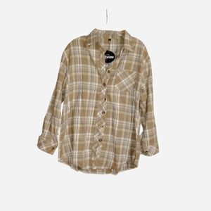 Chyrii Oversized Plaid Button Down Shacket | Tan/Beige | Large NWT